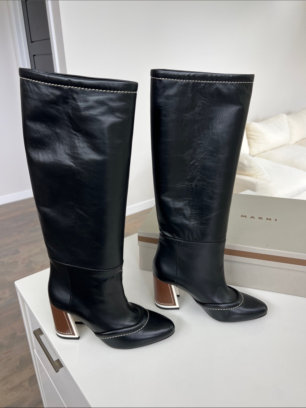 MARNI black leather long boots brown and cream contrast block heel 37.5